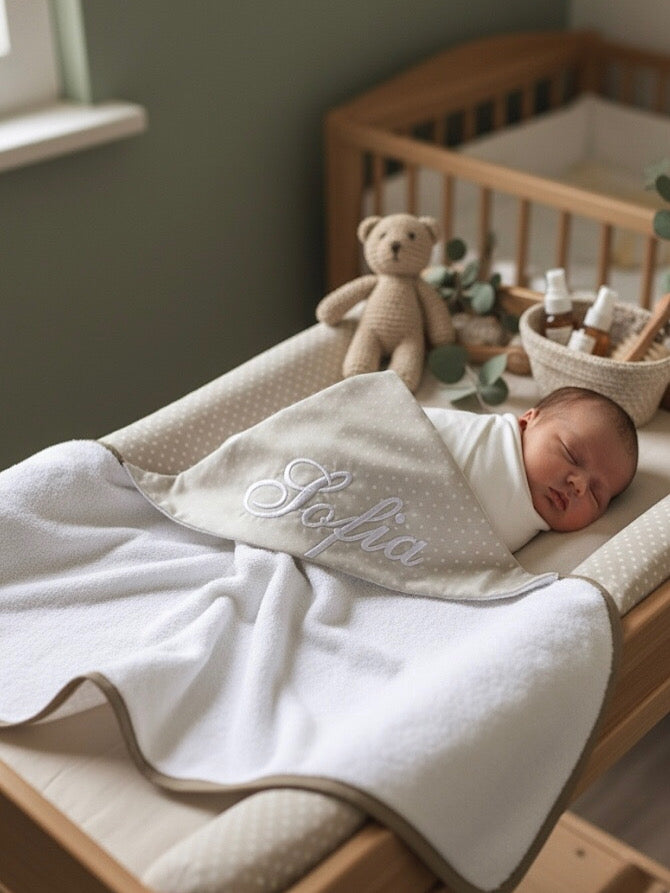 Accappatoio triangolo Neonato personalizzabile con nome ricamato color tortora con cuoricini bianchi