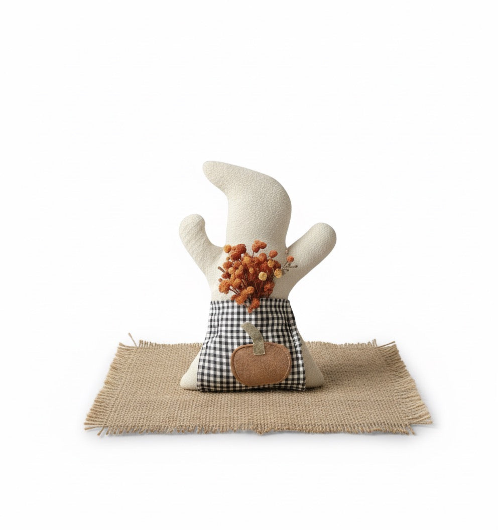 Lino il Fantasmino – Decorazione Autunnale in Stoffa Handmade con Zucca e Fiori