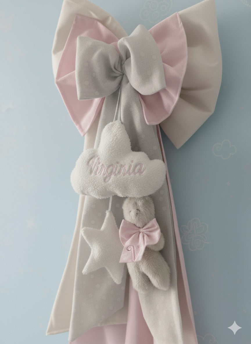 Fiocco Nascita “Veronica” con nuvola ricamata ,orsetto e stellina