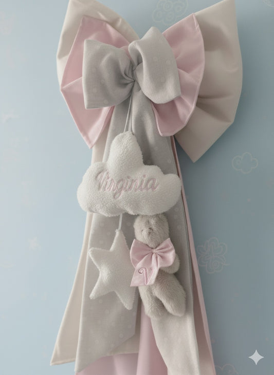 Fiocco Nascita “Veronica” con nuvola ricamata ,orsetto e stellina