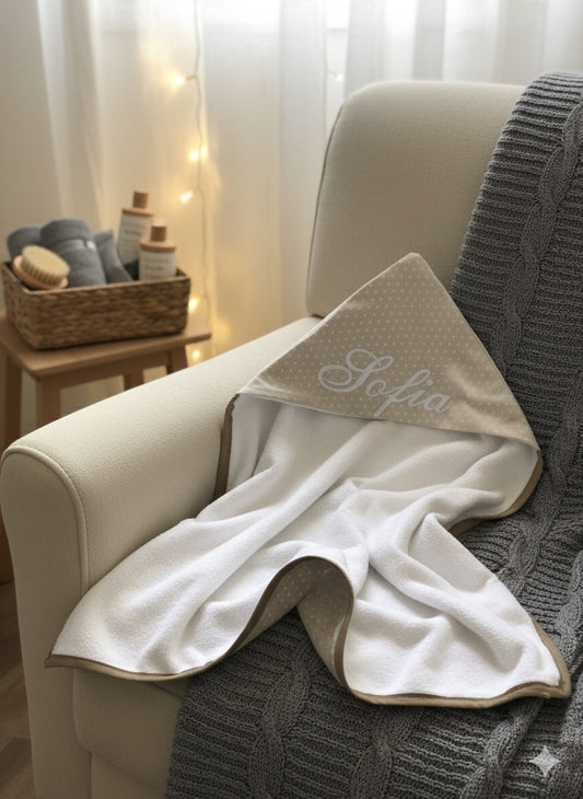 Accappatoio triangolo Neonato personalizzabile con nome ricamato color tortora con cuoricini bianchi