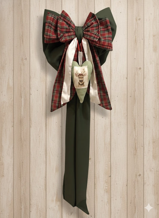 Fiocco Decorativo Natalizio Lusso Verde e Scozzese - Design Vintage Rustico per Porta o puntale