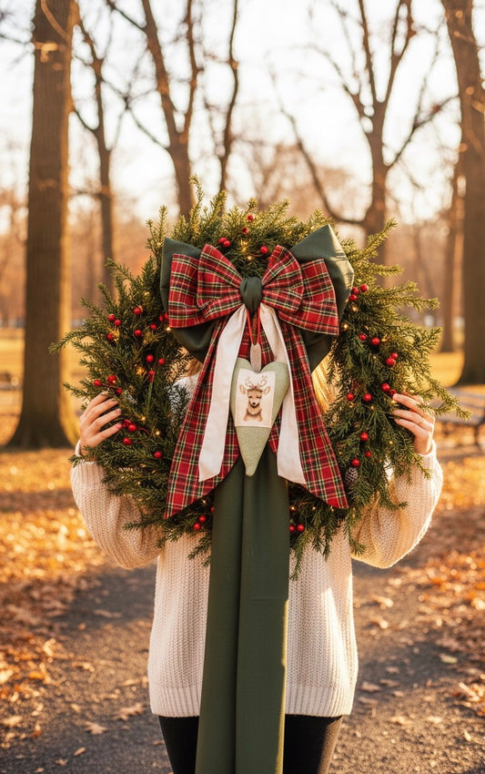 Ghirlanda Natalizia di Lusso Maxi in Abete con Fiocco Scozzese Sartoriale