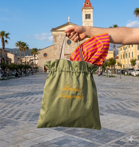 Borsa sacca verde salvia in taffettà e cotone panama con ricamo dorato Ansia d'Asporto.