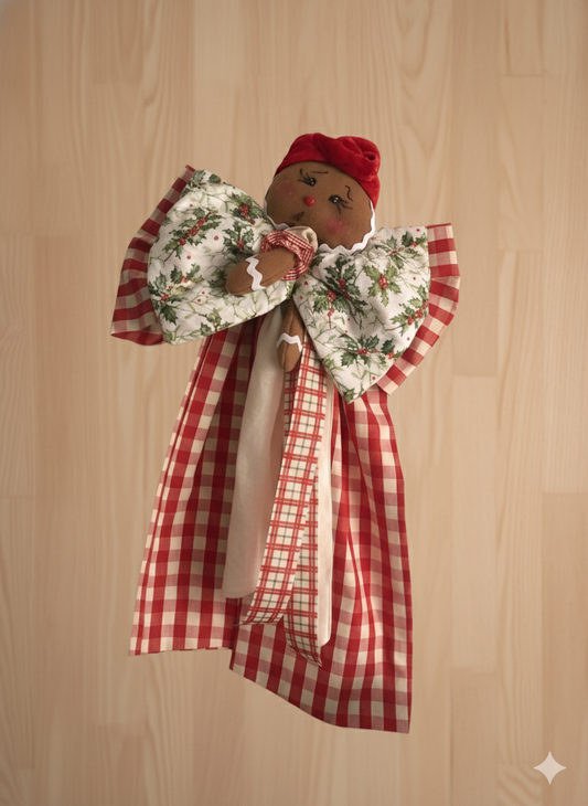 Angelo pan di zenzero artigianale in stoffa con fiocco a quadri e agrifoglio - decorazione natalizia