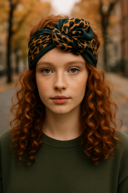 Fascia turbante verde bottiglia e leopardo