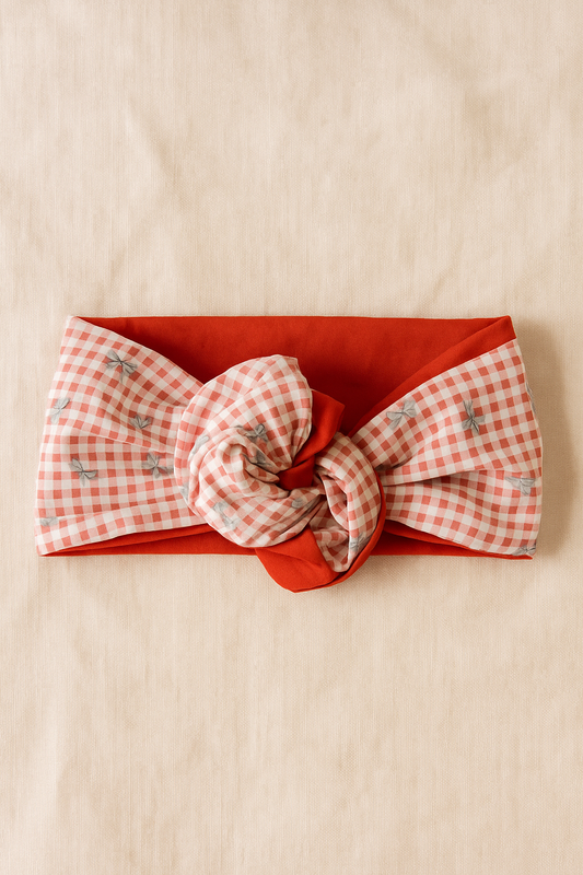 Fascia turbante modellabile Headband-Mezza Capocchia– Vichy Rosso & fiocchetti